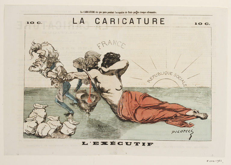 Political Cartoon of French Head of State Adolphe Thiers and Vice President Jules Favre Ceding Alsace and Lorraine to Germany, 1871