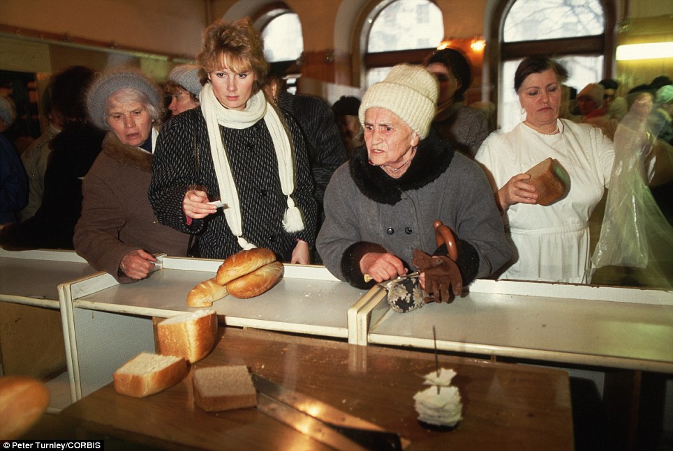 Russians must wait in food lines to get whatever goods are available in November 1991, just a month before the collapse of the USSR