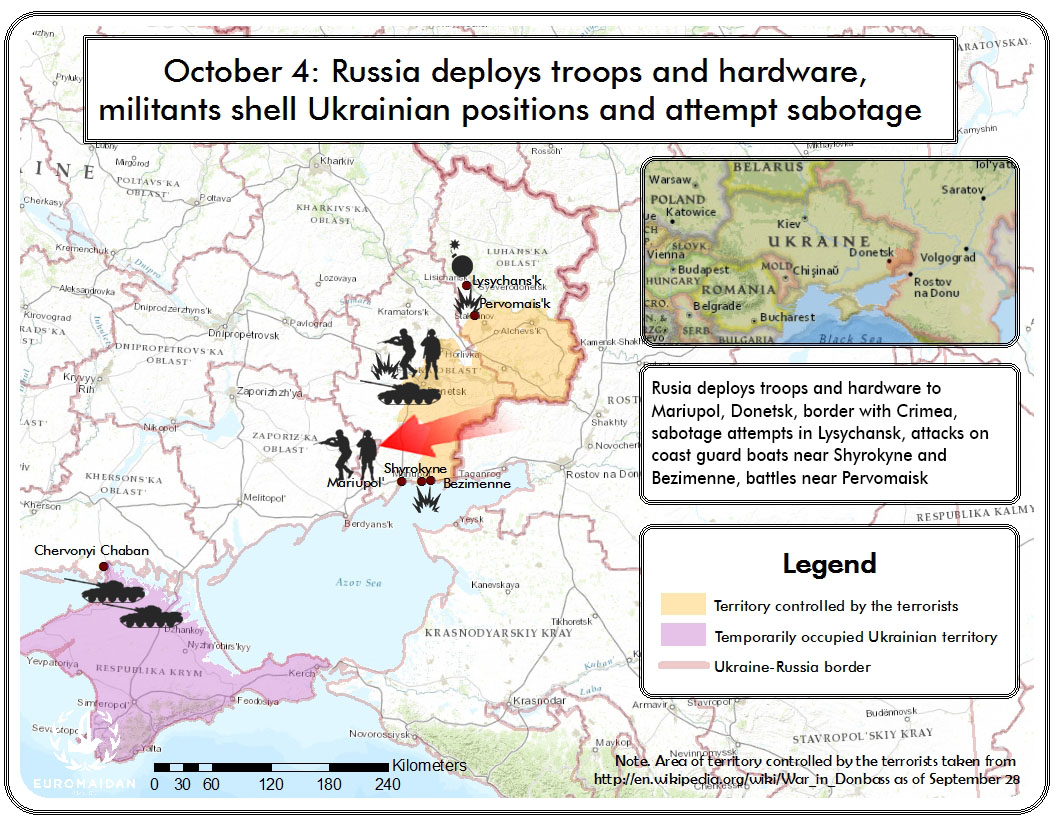 October 4: Russia deploys troops and hardware, militants shell Ukrainian positions and attempt sabotage