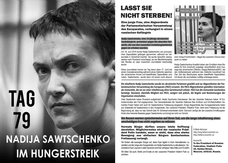 Print a leaflet to #FreeSavchenko. Ukrainian, Russian, English, French, Czech, German, Spanish, Polish, Italian ~~