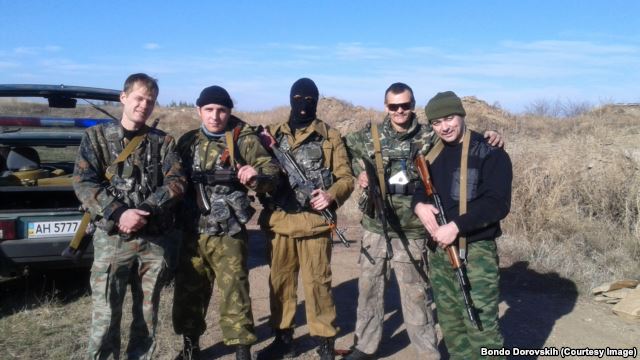 Bondo Dorovskikh (R) with otherRussian militants near Alchevsk, Ukraine