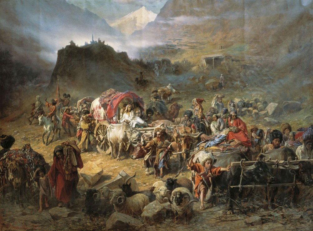 "Highlanders Leaving Their Village" by Petr Gruzinsky shows the expulsion by the Russian Empire of Circassians, the indigenous peoples of North Caucasus from their homeland after its annexation by Russia at the end of the Russo-Circassian War of 1763–1864. The peoples expelled were mainly the Circassians (Adyghe), Ubykhs, Abkhaz, and Abaza. (Image: Wikimedia)