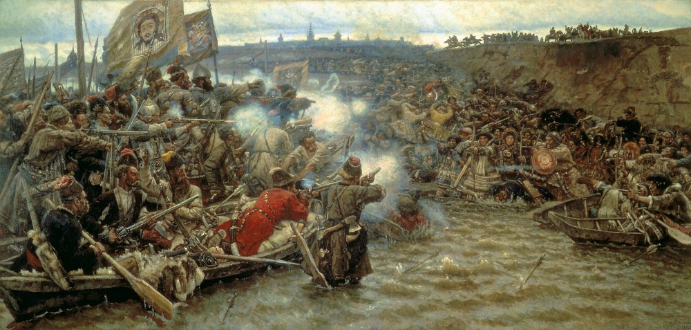 The 1895 painting called "The Conquest of Siberia by Yermak" (by artist Vasilily Surikov, 1895) depicts Russian cossacks from Volga attacking one of the native people of Siberia who did not have firearms during the reign of Ivan The Terrible (Image: Wikimedia)