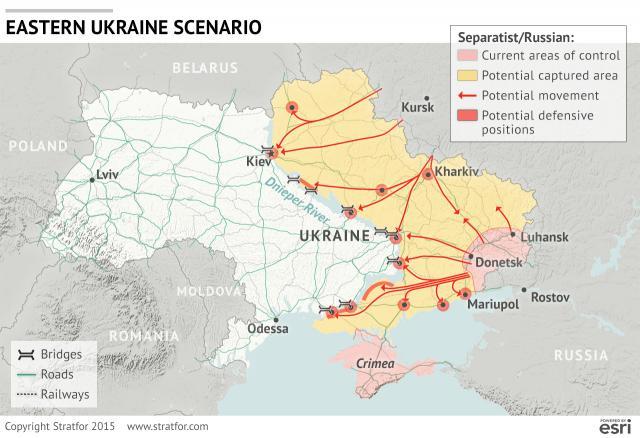 A map of a possible Russian invasion into Ukraine developed by www.stratfor.com in March 2015 ~
