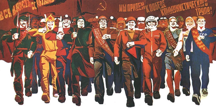 A Soviet propaganda poster. The Russian-language slogan on the left says: "All power to the Soviets!" The slogan on the right says: "We will achieve victory of Communist labor!"