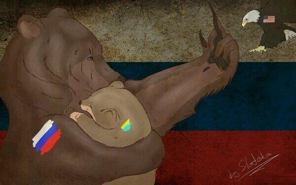 Russian cartoon: The Russia Bear with the Ukraine Bear Cub giving the middle finger to the American Eagle