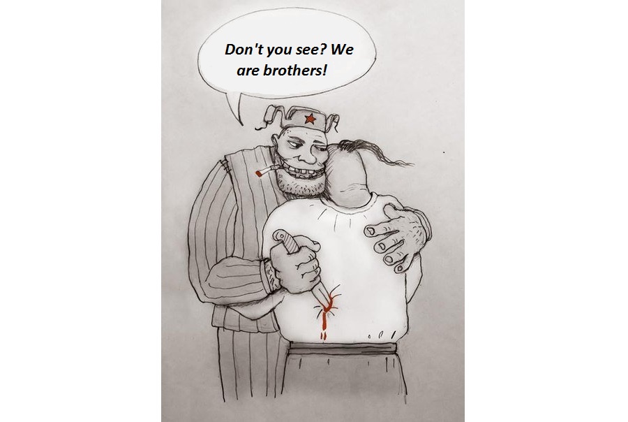Putin and his massive propaganda machine do not tire to repeat "Russians and Ukrainians are brothers! Russians and Ukrainians are one people!" even though Russia invaded Ukraine's territory, annexed Crimea, conducts a masked "hybrid" war against Ukraine and its people using Donbas marionettes, Russian spy networks and criminal world. In this Ukrainian cartoon, the Russian man repeats the official "brotherhood" propaganda, all while stabbing the Ukrainian in the back (Image: social networks)
