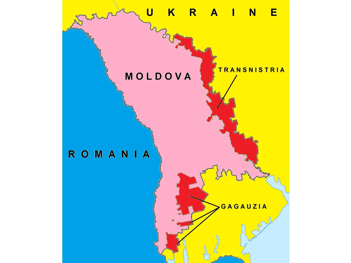 Map of Moldova showing the zones of a frozen military conflict with Russia in Transnistria/Transdniestria and a resolved conflict in Gagauzia in red.