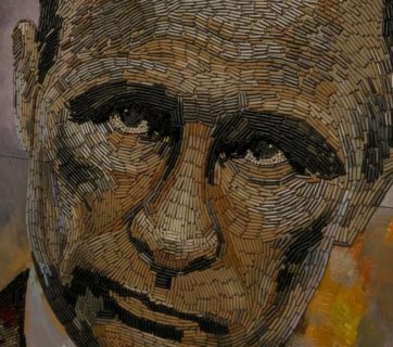 A portrait of Russian President Vladimir Putin by Ukrainian artist Darya Marchenko is made from 5,000 used bullet cartridges collected at the Russo-Ukrainian front in eastern Ukraine. The portrait is named "The Face of War." The portrait was presented along with a novel which tells personal stories of six people involved in this project including Darya's own story and stories of people who helped her to collect the bullet shells at the frontline. She calls her art approach philosophic symbolism where every element has its hidden meaning. In her works each used bullet cartridge stands for a human life that was brutally ended by Putin's military invasion into Ukraine. (Image: dashart.com.ua)
