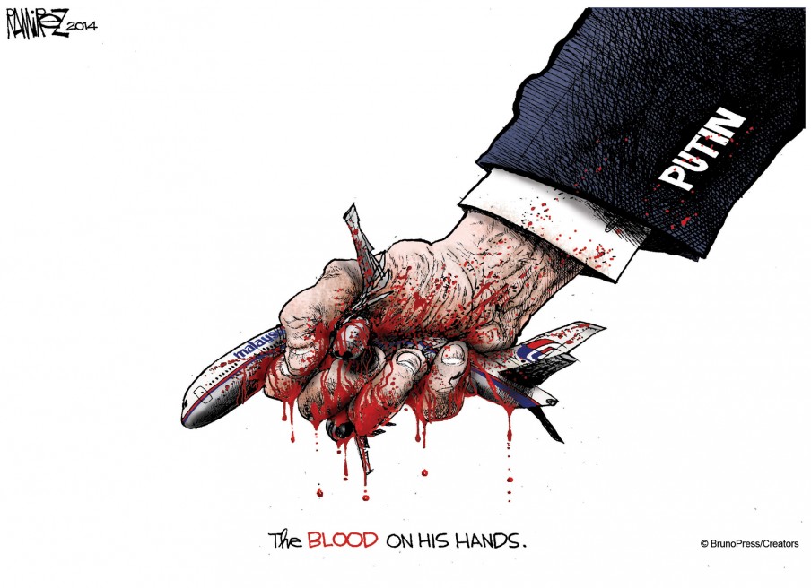 Putin. MH17: The blood on his hands. (Political cartoon by Ramirez, 2014)