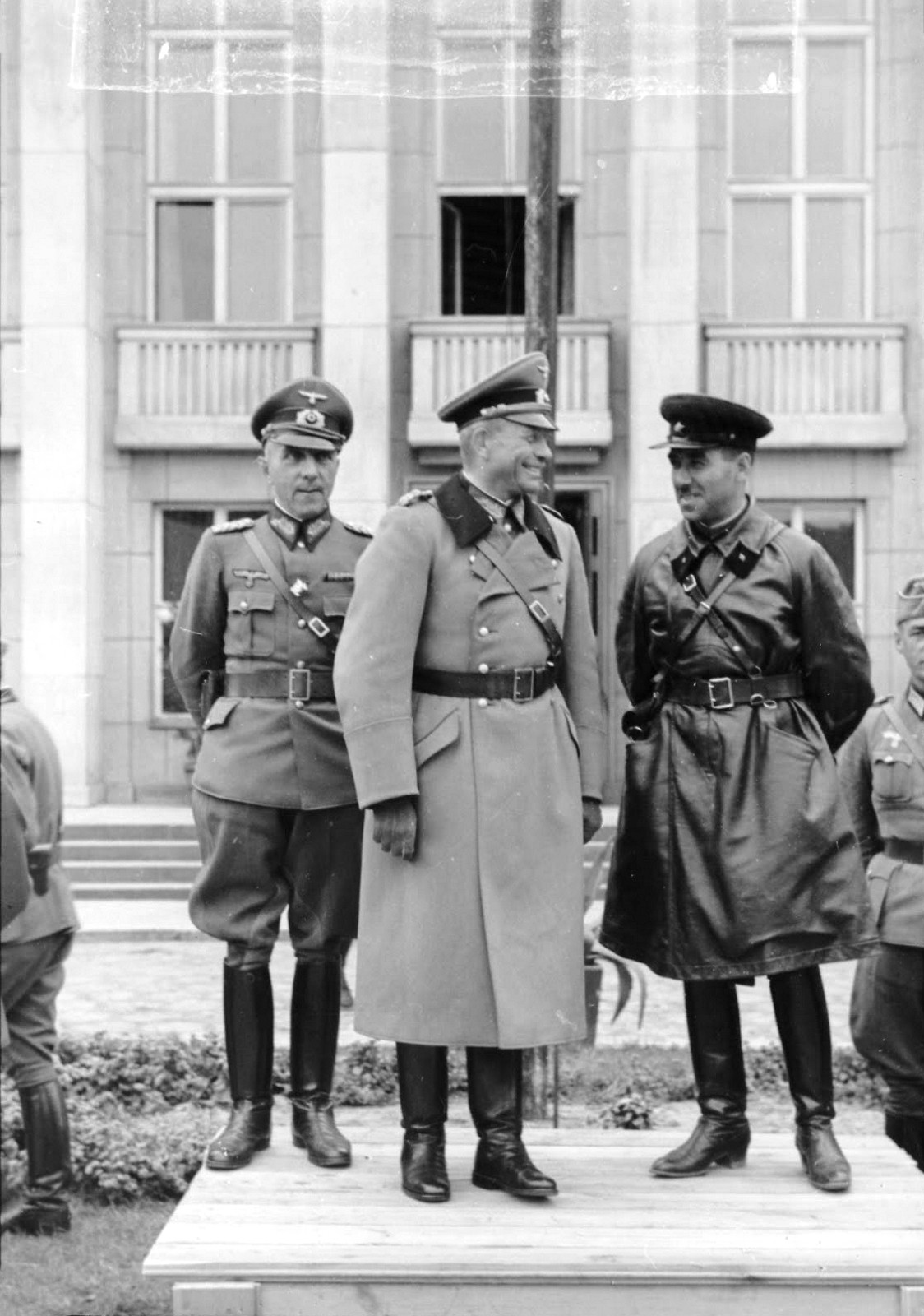 German general Heinz Guderian and Soviet brigade commander Semion Krivosheyin during the transfer of Brest to Red Army troops. General Mauritz von Wiktorin on left, Sept. 22, 1939