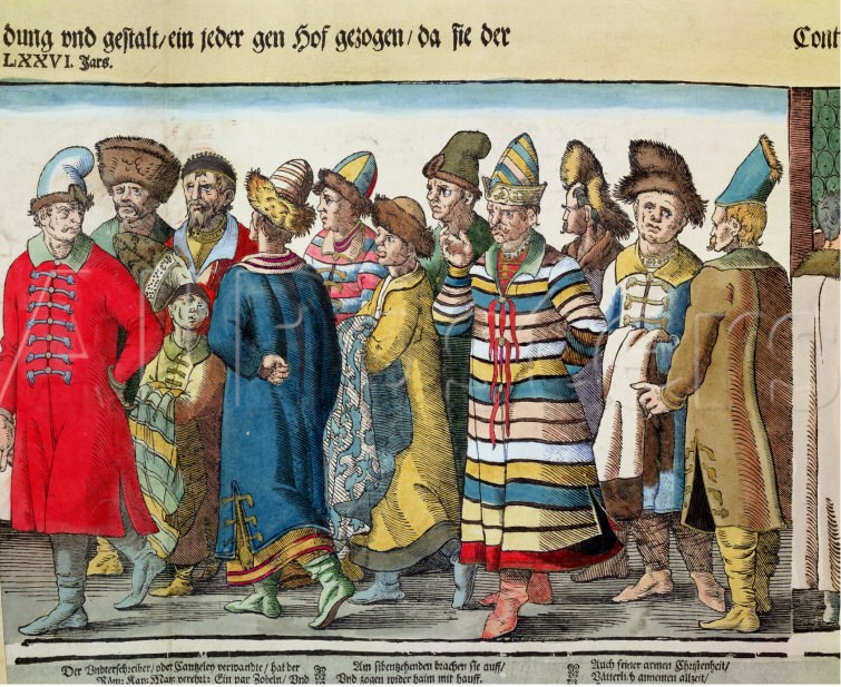 The Great Embassy of Ivan IV (1530-84) of Muscovy (also known as Ivan the Terrible) to the Holy Roman Emperor at Regensburg in 1576 (Image: colored woodcut, detail, Bibliotheque des Arts Decoratifs, Paris, France via Wikipedia)