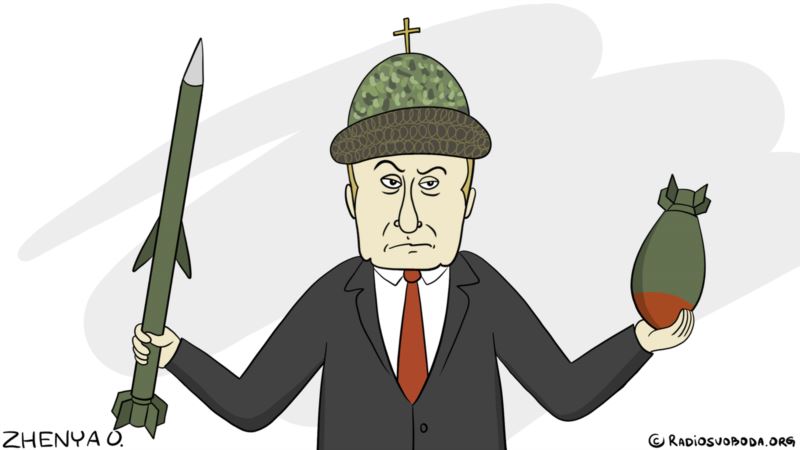 Putin with the elements of Putinism (Political cartoon by Zhenya O. / radiosvoboda.org)
