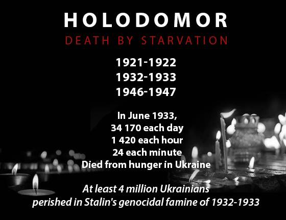 Holodomor (death by starvation) 1921-1922, 1932-1933, 1946-1947 In June 1933, 34170 each day, 1420 each hour, 24 each minute died from hunger in Ukraine. At least 4 million Ukrainians perished in Stalin's genocidal famine of 1932-1933.