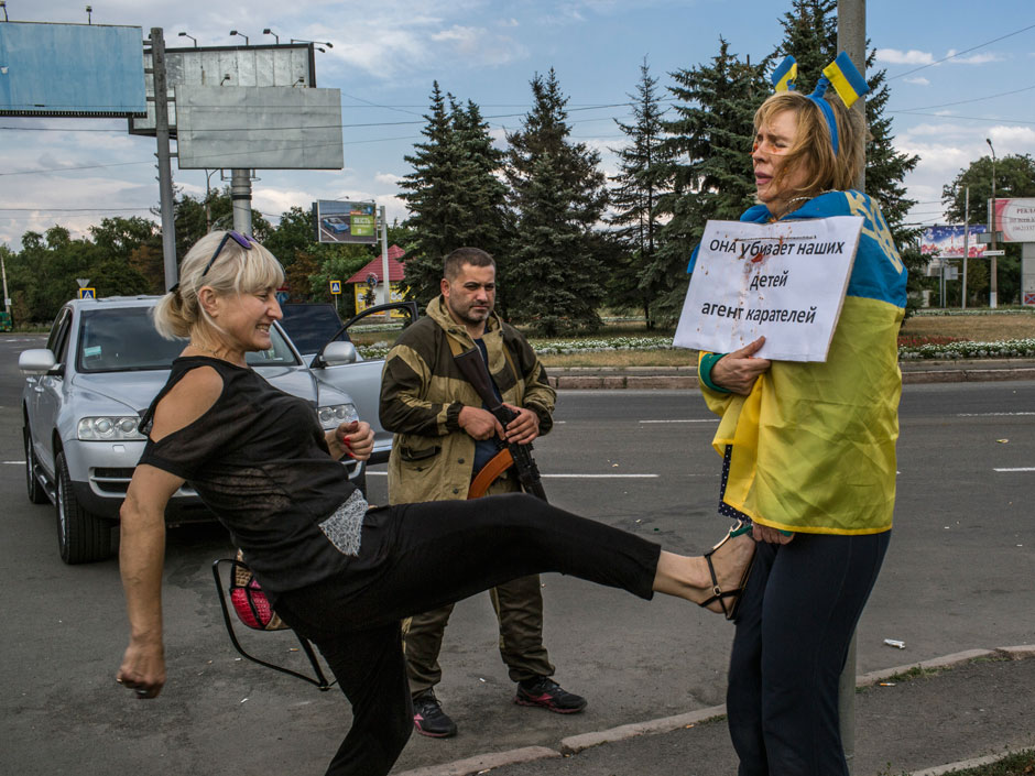 While being imprisoned by Russian mercenaries in occupied Ukrainian city Donetsk, Ukrainian activist Iryna Dovhan endured hours of public humiliation and beatings orchestrated by the representatives of the Russian world unleashed by Putin. (Image: social media)