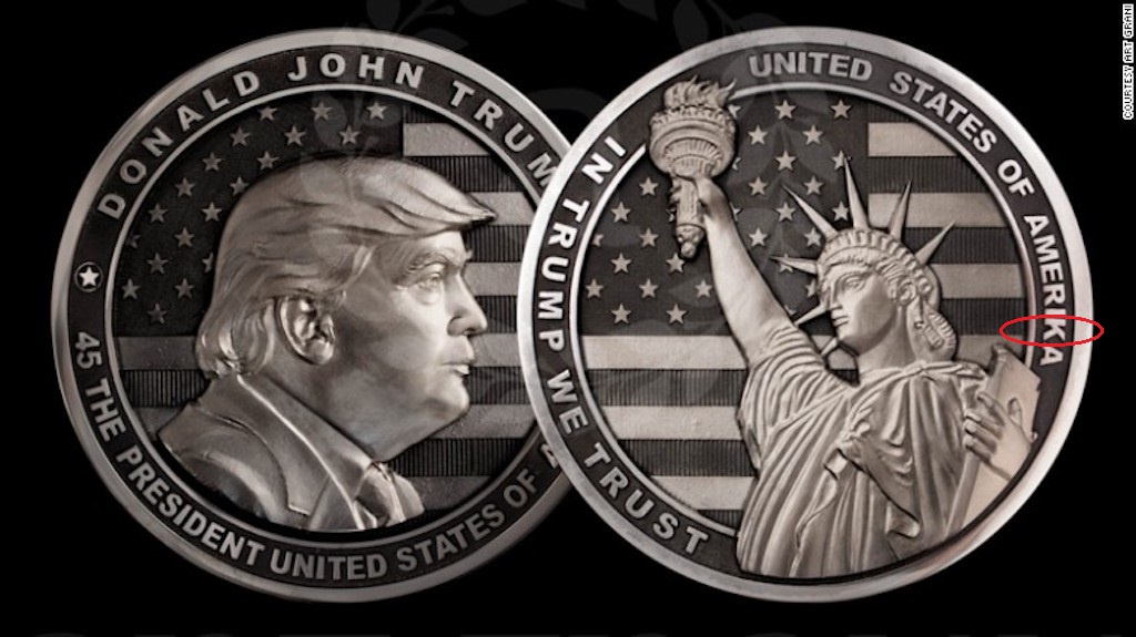 A two-pound silver coin dedicated to Donald Trump minted in Russia to celebrate his inauguration. The back of the coins shows the Statue of Liberty against a background of the American flag with inscription reading, “In Trump We trust.” Note spelling errors throughout. (Image: Art Grani)