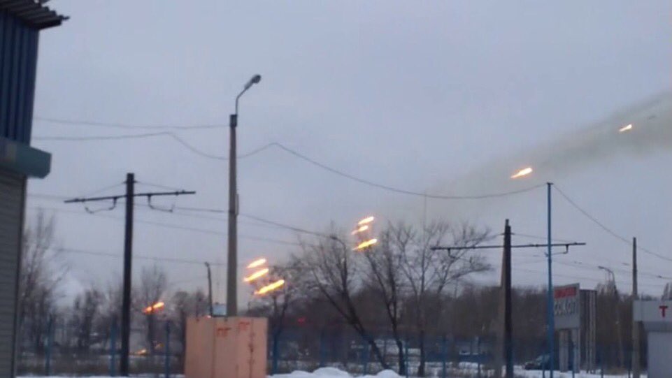 Russian forces firing Grad multiple launch rocket systems at Avdiivka from inside of residential areas of occupied Donetsk in January 2017 (Image: video capture)