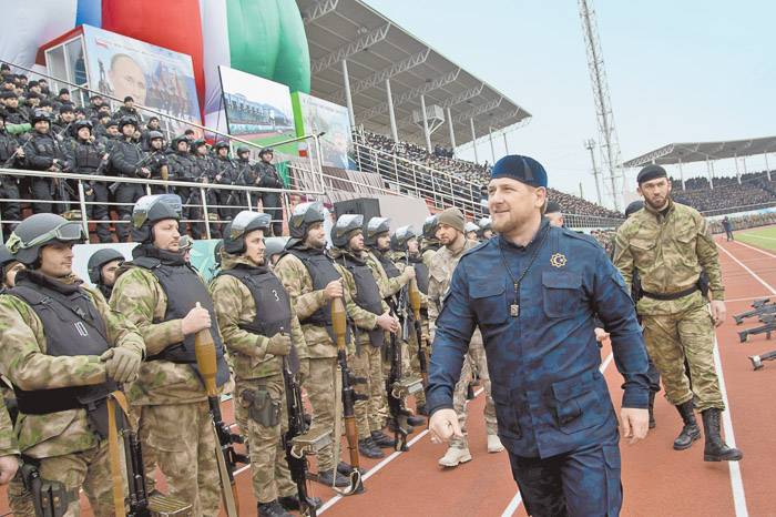 Ramzan Kadyrov, the governor of Chechnya, inspecting his 'personal army' assembled at the Grozny stadium, 2015 (Image: versia.ru)