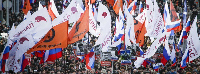 Approximately 15,000 people took part in demonstrations in Moscow, Russia marking two years since opposition leader Boris Nemtsov was gunned down near the Kremlin walls (Image: newstalk.com)