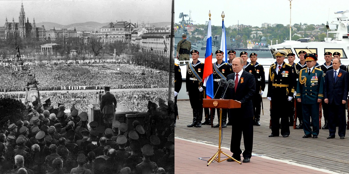 Left: Hitler announces the Anschluss of Austria on the Heldenplatz, Vienna, Austria on 15 March 1938. (Image: Wikipedia) Right: Putin speaking in occupied Sevastopol to celebrate 18 March 2014 anschluss of the Crimean peninsula from Ukraine conducted by Russian military and special forces. May 9, 2014 (Image: kremlin.ru)