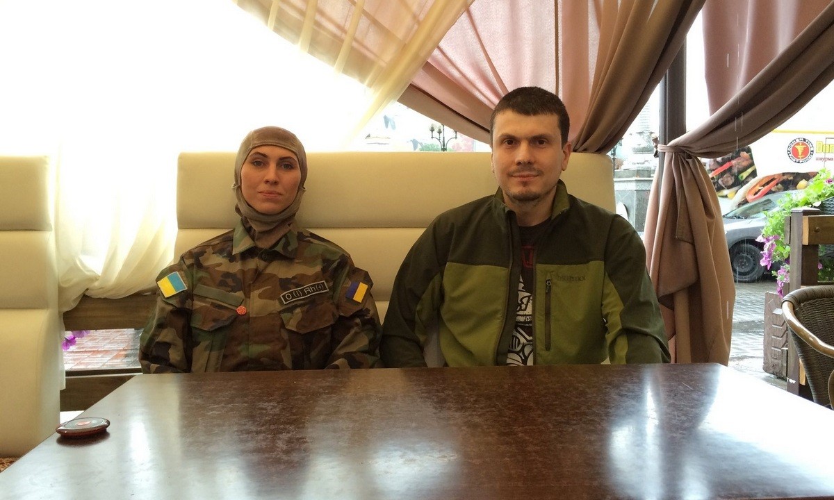 Amina Okuyeva and Adam Osmayev of the Dzhokhar Dudayev battalion. Kyiv, 2015. Photograph: Shaun Walker for the Guardian