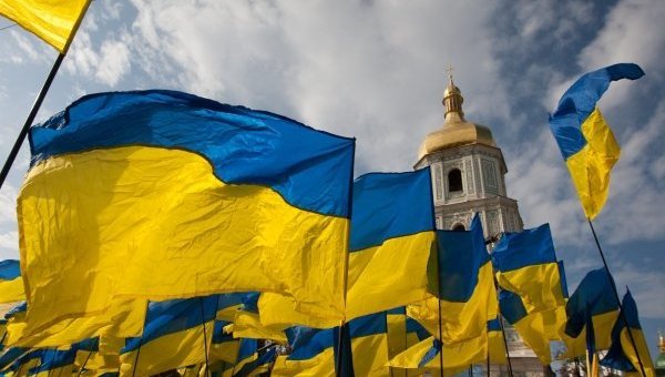 Ukrainian flags on the square in front of the St. Sophia Cathedral in Kyiv. The cathedral was founded in 1011, under the reign of King Volodymyr the Great, who ruled Kyivan Rus from 980 to 1015.