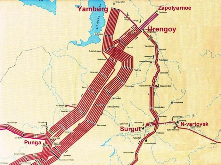 A diagram showing where the 17 high-pressure pipelines carrying 89% of all natural gas produced in Russia pass through a single 500 by 500 meter area. Locals call the area "the Cross." (Image: voprosik.net)