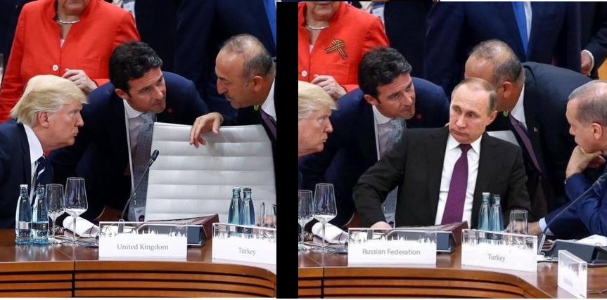Kremlin propagandists photoshopped Putin into a picture from the recent G-20 meeting to make him look more important, but the fake was exposed. A side by side comparison of the original (left) and the propagandist fake (right). Image: 1492news.com