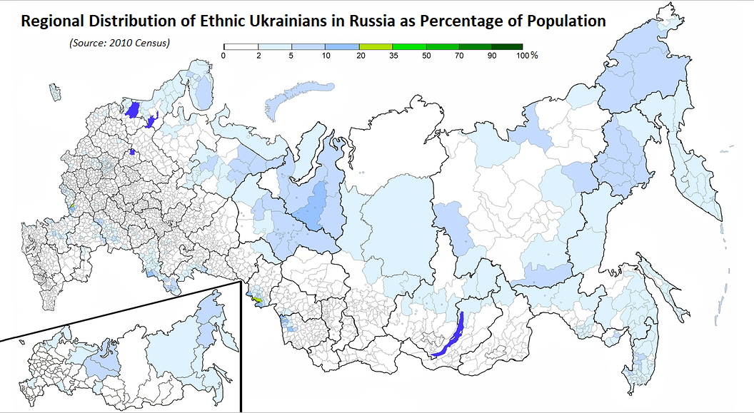 The regional distribution of self-identified ethnic Ukrainians in the Russian Federation, as percentage of population (Source: 2010 Russian Federation census)