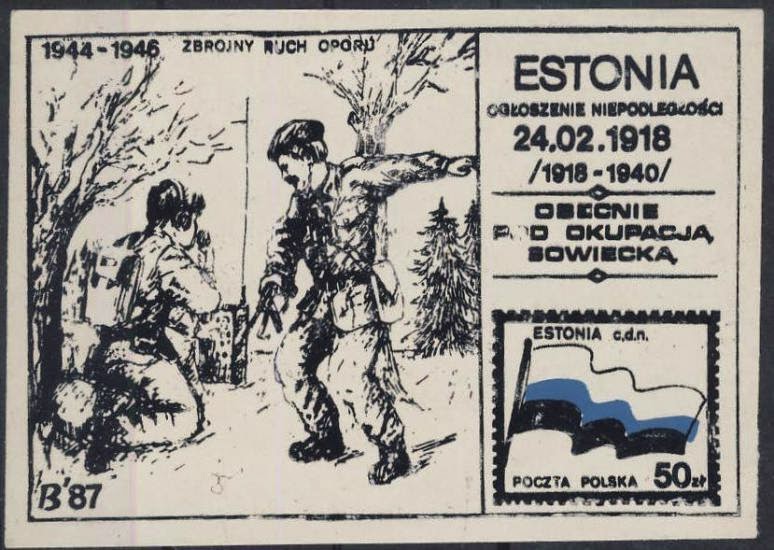 Estonia under Soviet occupation - a mail stamp of a series published underground by the Polish Solidarity movement in 1987.