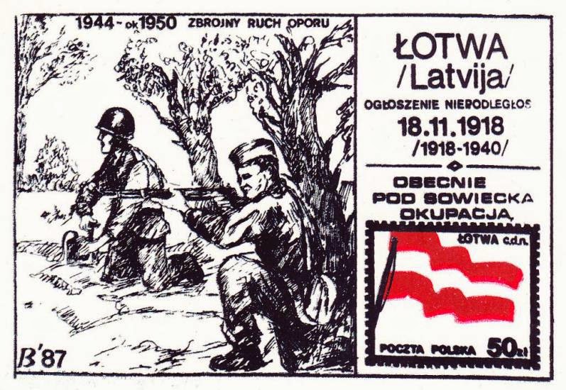 Latvia under Soviet occupation - a mail stamp of a series published underground by the Polish Solidarity movement in 1987.