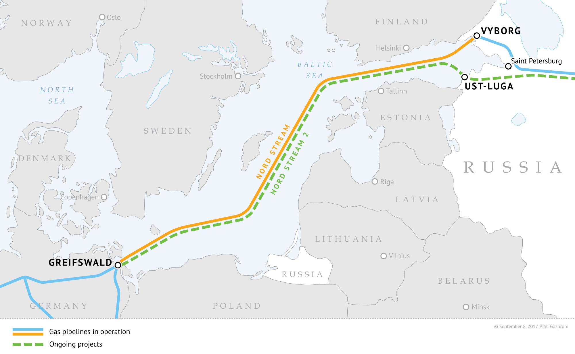 Russian gas pipelines Nord Stream (Nord Stream 1) and Nord Stream 2 (under construction). Image: gazprom.com