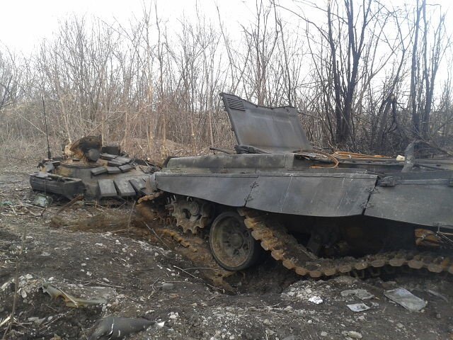 Remains of a Russian tank T-72 of the most advanced modification B3, which is possessed only by the Russian regular army, destroyed by Ukrainian artillery fire during a Russian attack near Debaltseve, Ukraine in March 2015. Image: censor.net.ua