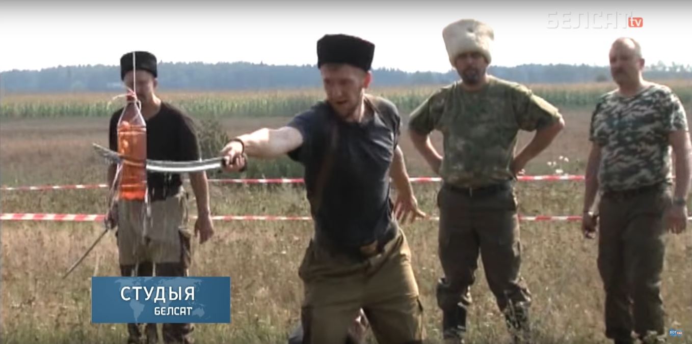 Saber training of Russian pseudo-Cossacks on the border with Belarus (Image: Screen capture of Belsat video on YouTube)