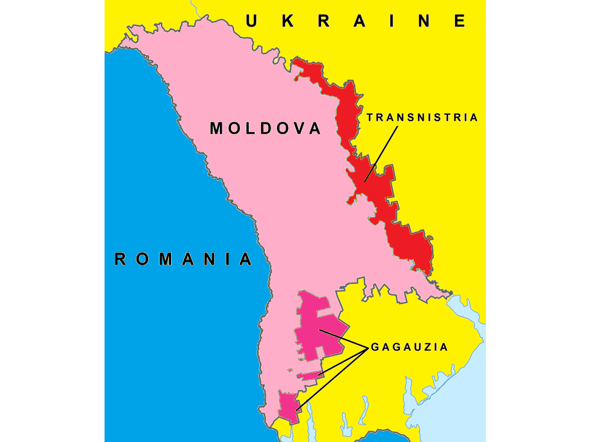 Map of Moldova showing the zones of a frozen military conflict with Russia in Transnistria/Transdniestria and a resolved conflict in Gagauzia.