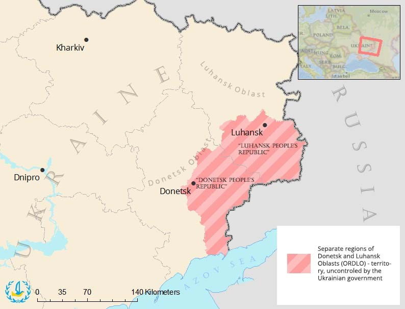 The two Russian-run self-proclaimed “republics” occupy roughly one-third of Ukraine’s Donbas region. Map: Euromaidan Press ~