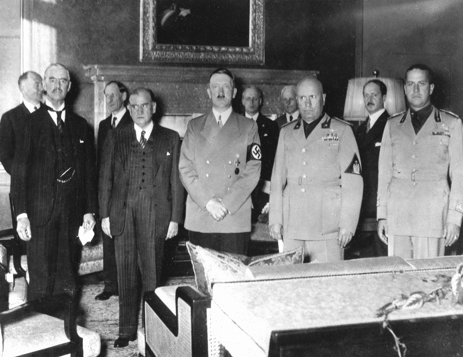 Munich Agreement. Left to right: Neville Chamberlain, Édouard Daladier, Adolf Hitler, Benito Mussolini & Count Galeazzo Ciano meeting in Munich, September, 1938.