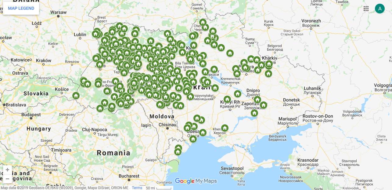 The Ukrainian map of 506 parishes that changed their allegiance from the Moscow Patriarchate to the OCU as of March 31, 2019. (Image: Google Maps)