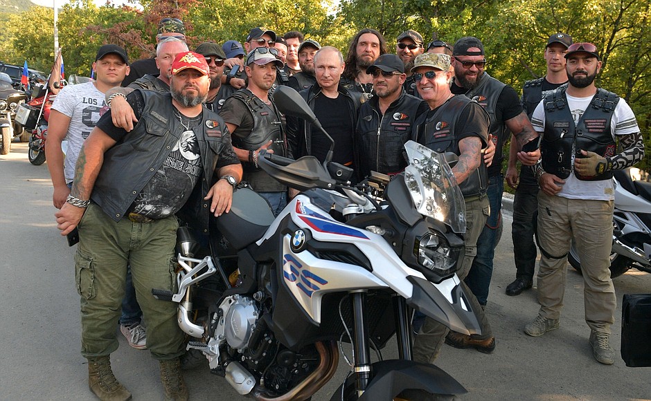Vladimir Putin with members of Moscow's state-sponsored Night Wolves biker club on their August 10, 2019 propagandist tour through Crimea, a Ukrainian peninsula Russia occupied in February 2014. Photo: kremlin.ru