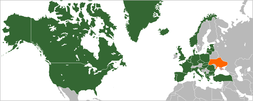 Green represents the countries - members of the North Atlantic Treaty Organization (NATO); Ukraine is in orange. Source: Wikipedia