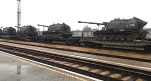 A trainload of Msta-S self-propelled howitzers reportedly arrived in Russian-occupied Crimea as part of Putin's aggressive military buildup targeting Ukraine. Crimea, April 2021. (Source: Social media)