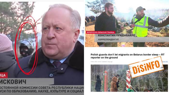 On the left: Belarusian security forces in riot gear present at the EU-Belarus border. On the upper right: Belarusian state-controlled media personality G. Azarenok interviews RT journalist at Belarusian-EU border. On the lower right: misleading RT headline ~