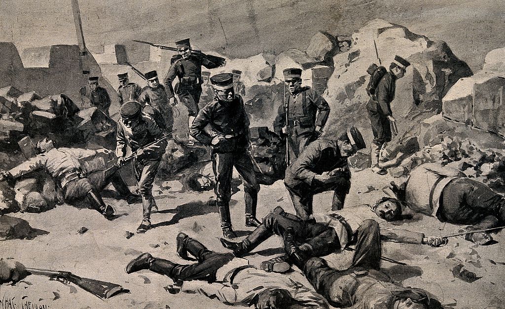 Russo-Japanese War of 1904-1905: Japanese soldiers entering a bombed fort to find dead and wounded men. Halftone, c. 1905, after C. M. Sheldon, from photographs. Source: Wellcome Images via Wikimedia