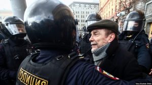 Lev Ponomaryov, Russian human rights campaigner and one of the founders of Memorial, surrounded by police at a protest action near the FSB (renamed KGB) headquarters in Moscow.