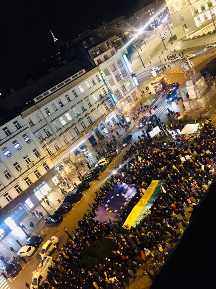 #StandWithUkraine rally in Prague, the Czech Republic. 22 February 2022. Photo: Embassy of Ukraine in Prague ~