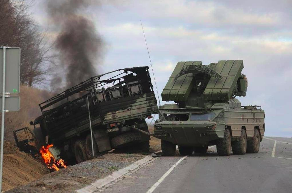 Russian military vehicles destroyed on the way to Kyiv on 27 February 2022 during Russia’s war against Ukraine. ~