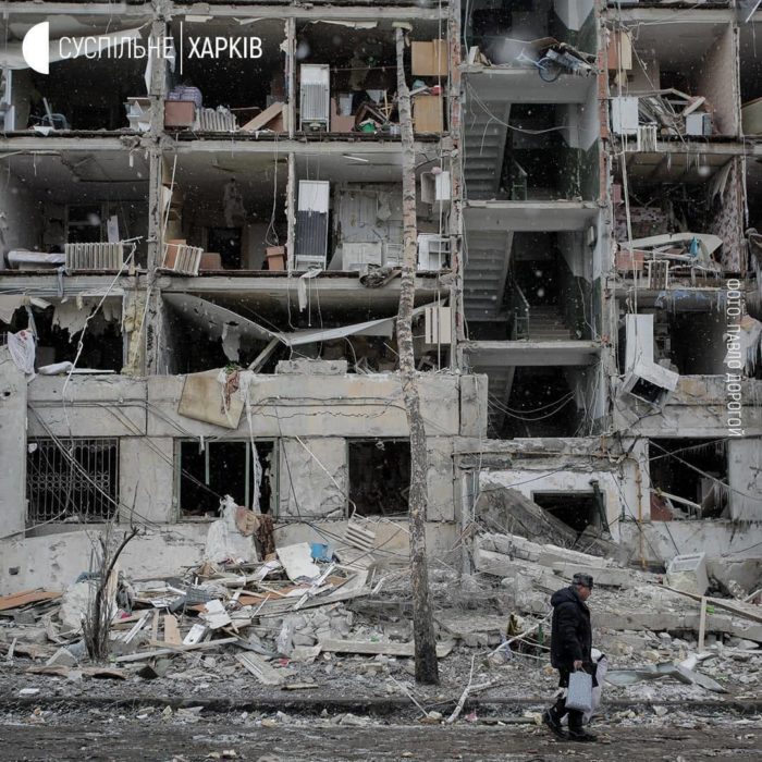A building in the northeastern city of Kharkiv, destroyed by Russian shelling. 9 March 2022. Source ~