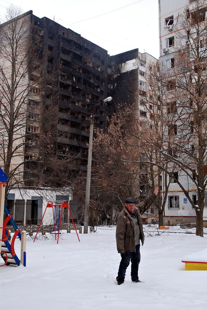A residential building at Saltivka neighborhood in Kharkiv, destroyed by Russian shelling. 9 March 2022. Source ~