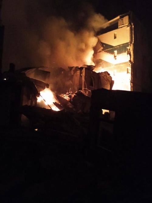 A ruined house on fire in central Borodyanka, Kyiv Oblast, overnight into 2 March 2022 after a Russian air raid. Photo courtesy Twitter/StahivUA ~