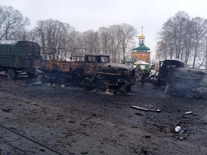 Wreckage of Russian military equipment in Borodyanka, 1 March 2022. Photo courtesy Twitter/StahivUA ~